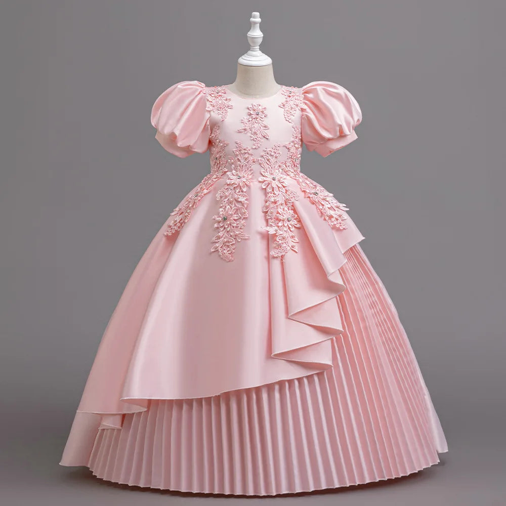 Zachte meisjesjurk – pofmouwen, kanten lijfje, geplooide gelaagde rok, katoen-polyester mix, voor bruidsmeisje ceremonie