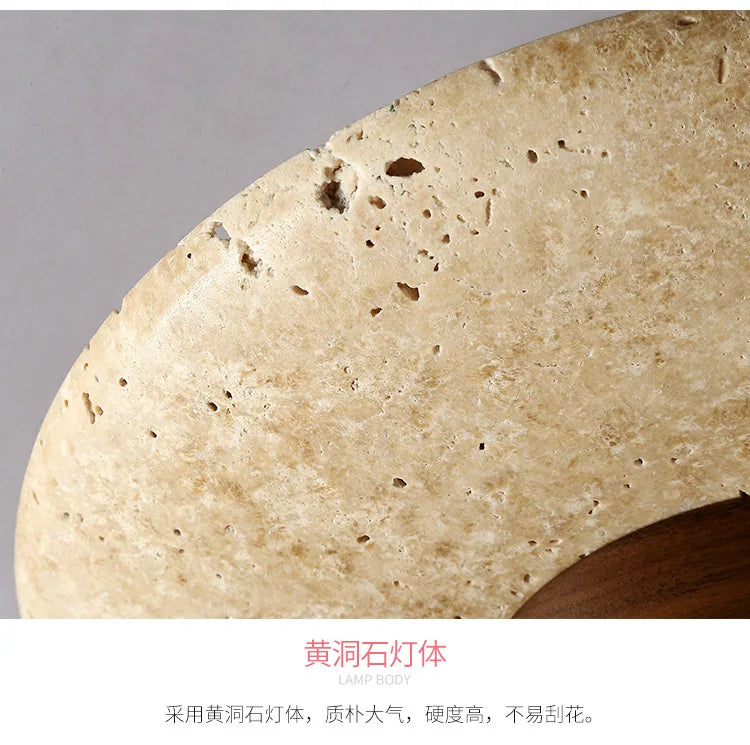 Japandi Travertine Ceiling Light Wood Cap Round Mid Century Lamp