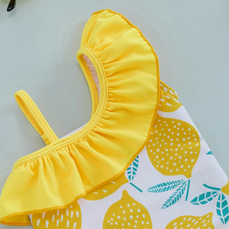 Lightweight Girls' Swimsuit - One-Shoulder Ruffle, Lemon Print, Polyester, Summer Beachwear