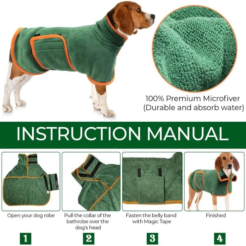 Microfiber Dog Bathrobe Towel - Adjustable Absorbent Coat for Cats & Dogs, Pet Grooming Care