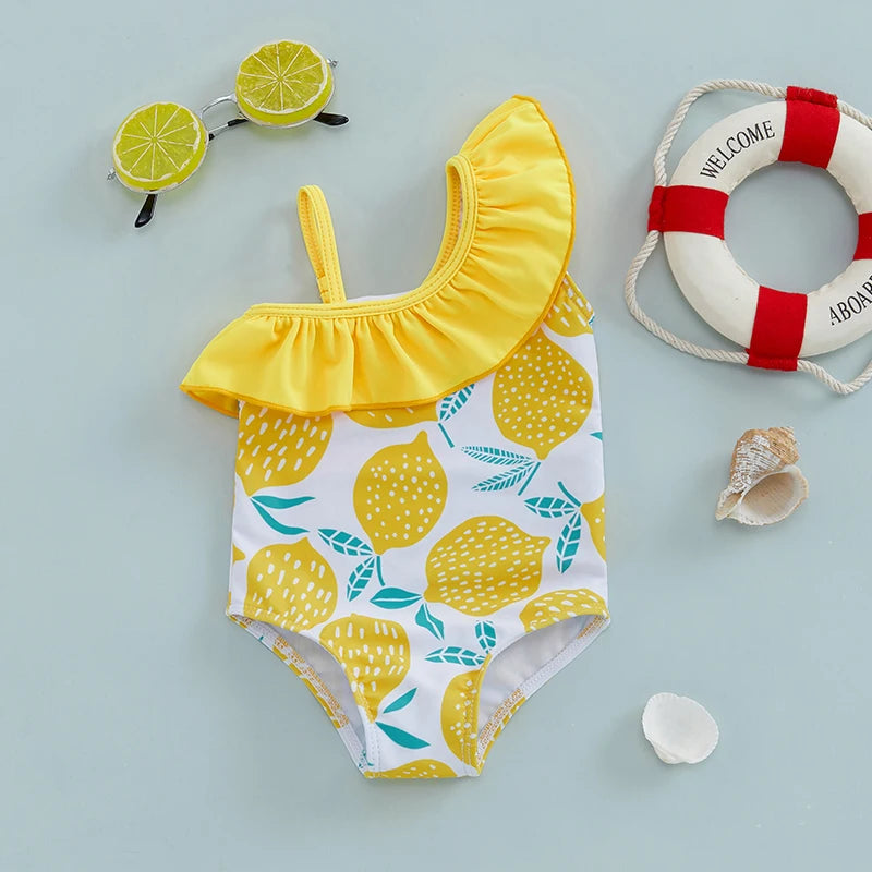 Lightweight Girls' Swimsuit - One-Shoulder Ruffle, Lemon Print, Polyester, Summer Beachwear
