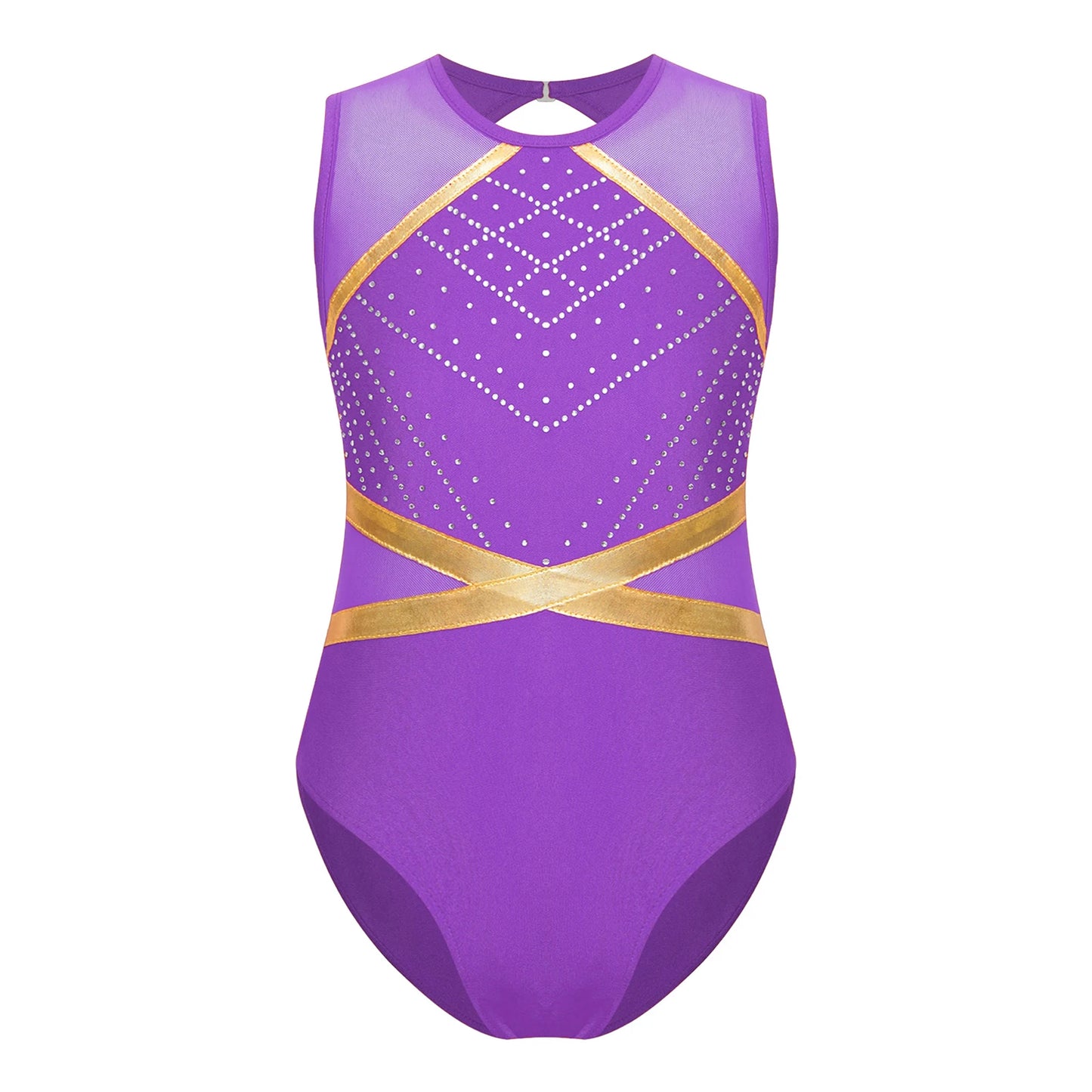 Strækbar pige dragt - flatterende, rhinsten-detaljeret, langærmet, mesh-panel, polyester elastan, til gymnastik