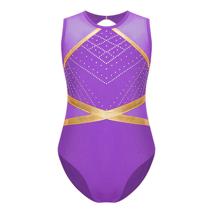 Strækbar pige dragt - flatterende, rhinsten-detaljeret, langærmet, mesh-panel, polyester elastan, til gymnastik