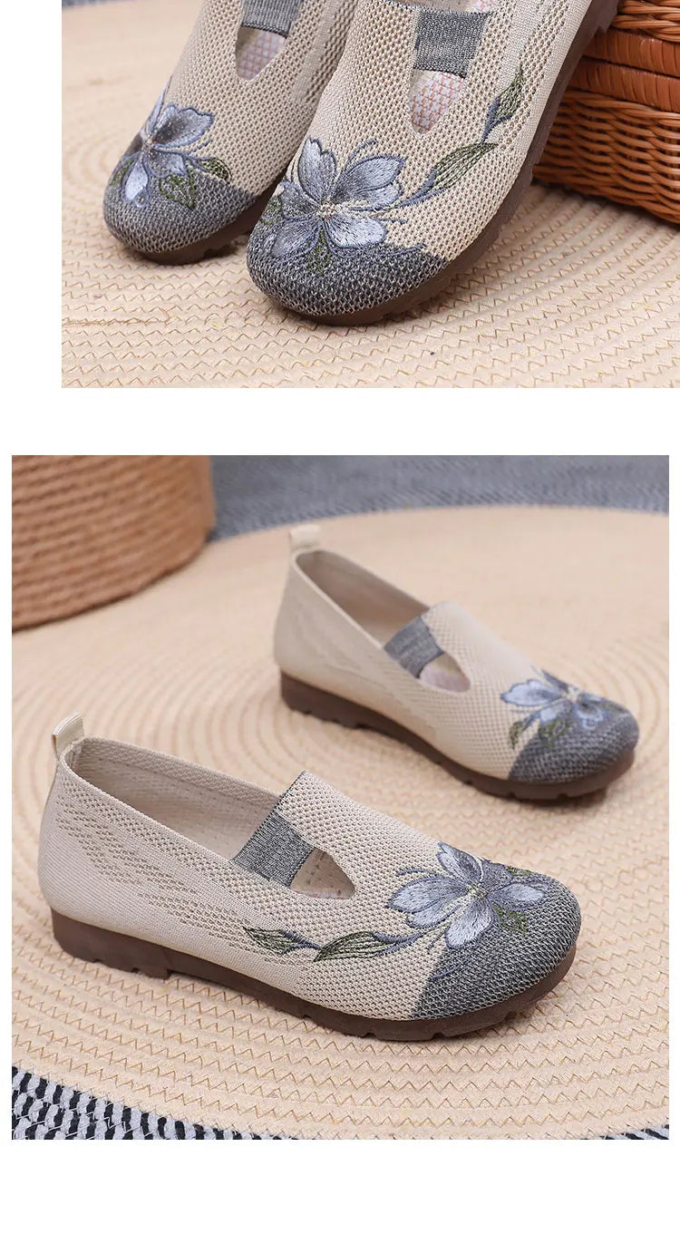 Breathable Women’s Flats - Slip-On Mesh, Embroidered
