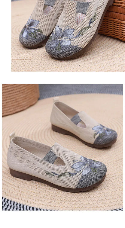 Breathable Women’s Flats - Slip-On Mesh, Embroidered