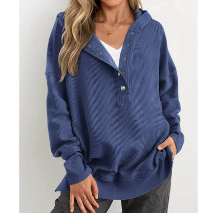 Oversized Women Pullover Hoodie - Snap V-Neck, Ribbed