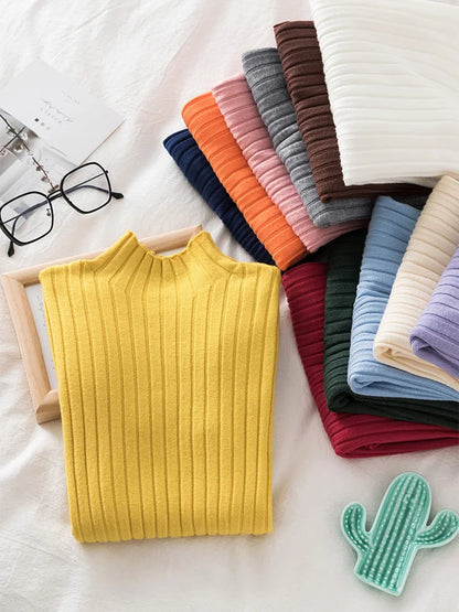 Stretchy Flattering Women Ribbed Sweater - Mock Neck, Knit