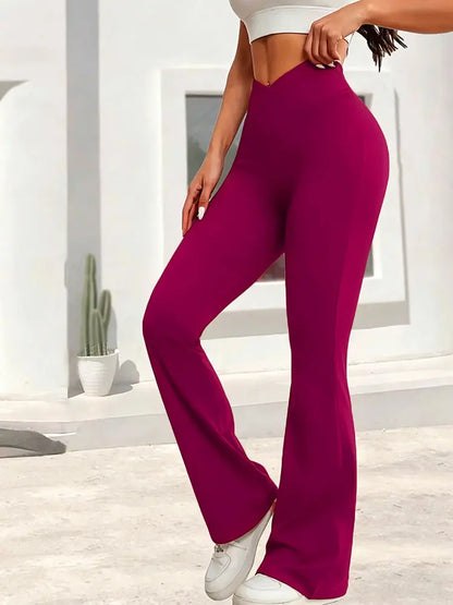 Relaxed women's high-waist wide-leg leggings – flared hem cross-waist design, casual sports trousers
