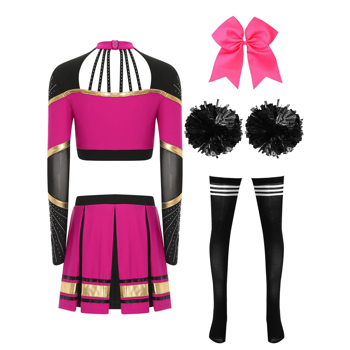 Cosplaykostuum voor cheerleaderoptredens voor vrouwen, crop-top met lange mouwen en geplooide rok met pompons 2026