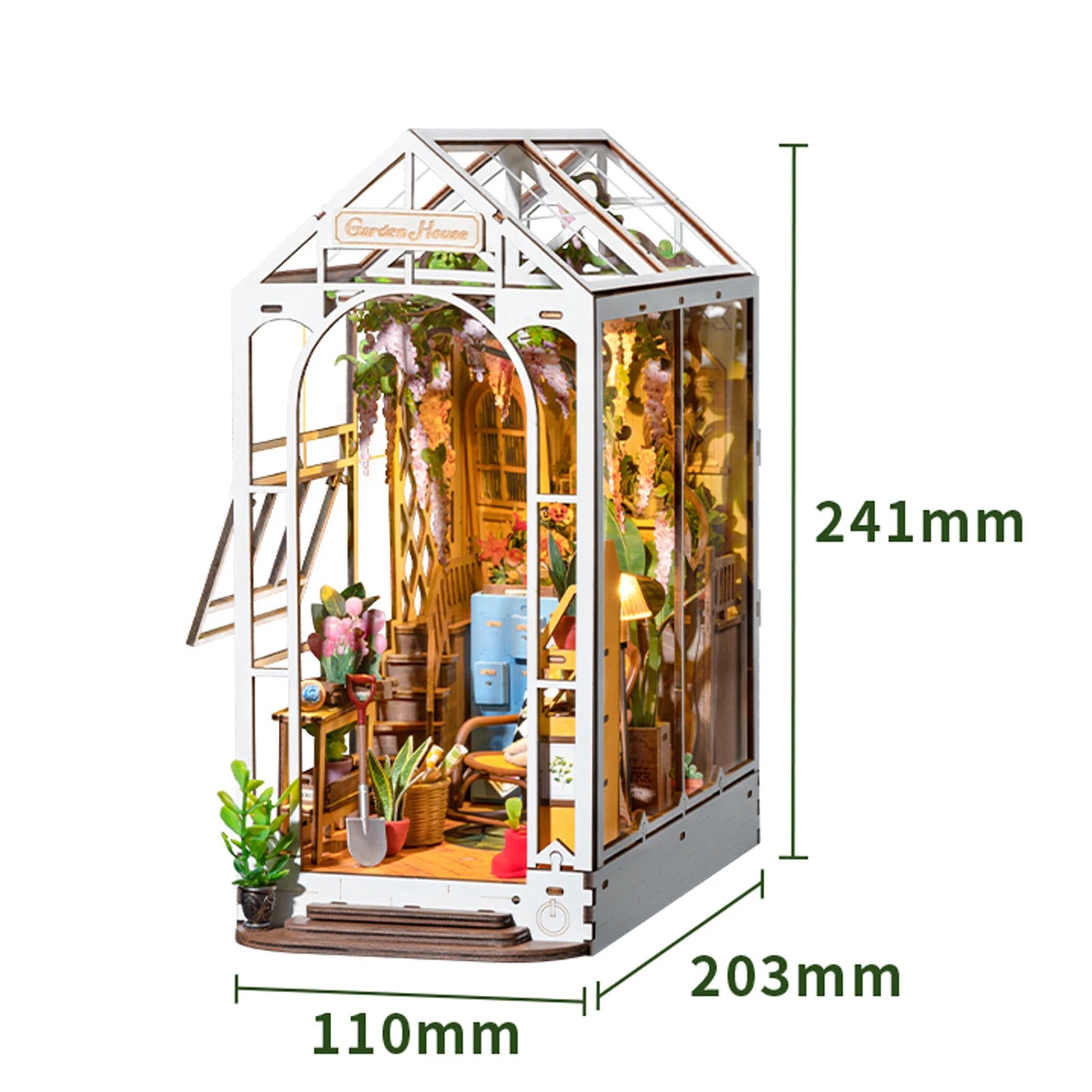 Robotime Rolife Gardenhouse Book Nook DIY Dollhouse Kit with LED Light for Bookshelf Decor