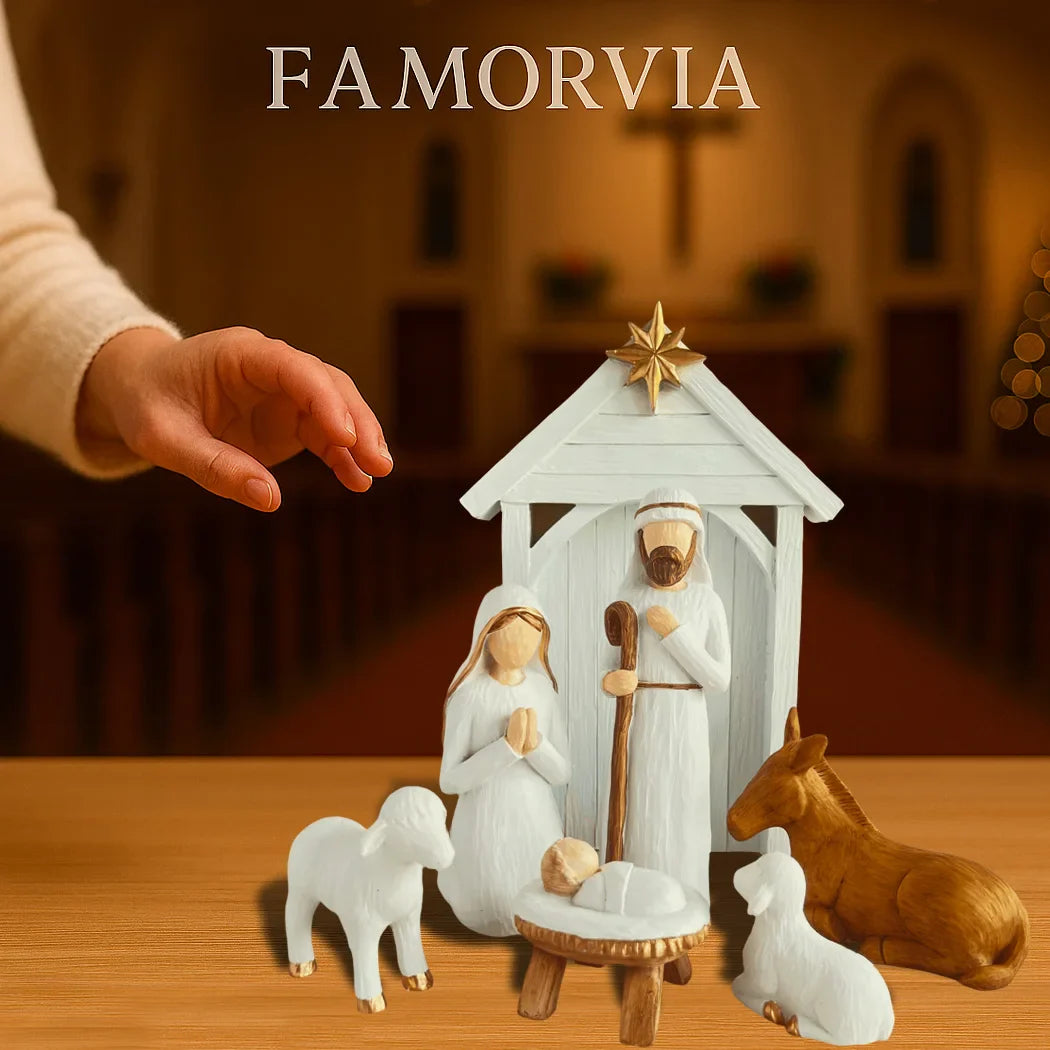 Nativity Scene Large 7-Piece Set White And Gold Resin Figures Faceless Holy Family Christmas Decor 2025 Gift