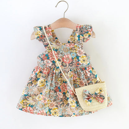 Soft Cozy Baby Girl Dress - Floral Flutter Sleeve, Polyester, For Summer Outings And Playtime