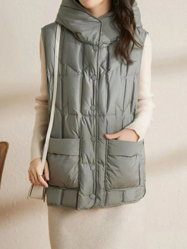 Lightweight Women’s Hooded Down Vest - Quilted Midlength