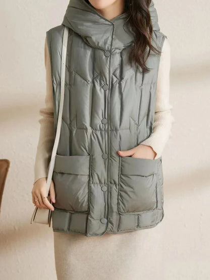 Lightweight Women’s Hooded Down Vest - Quilted Midlength