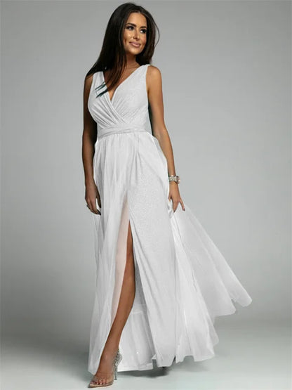 Variant image for Elegant V-Neck Sleeveless Dress with Slit Hem, Plus Size Formal Wedding Guest Cocktail Dress-26