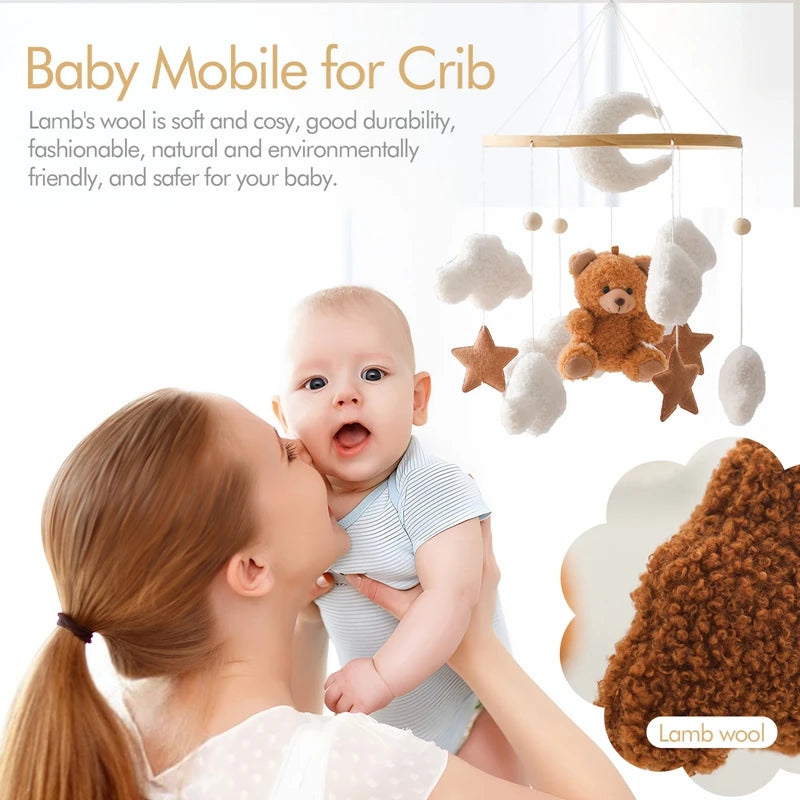 Wooden Crib Mobile Felt Bear Musical Newborn Sensory Toys