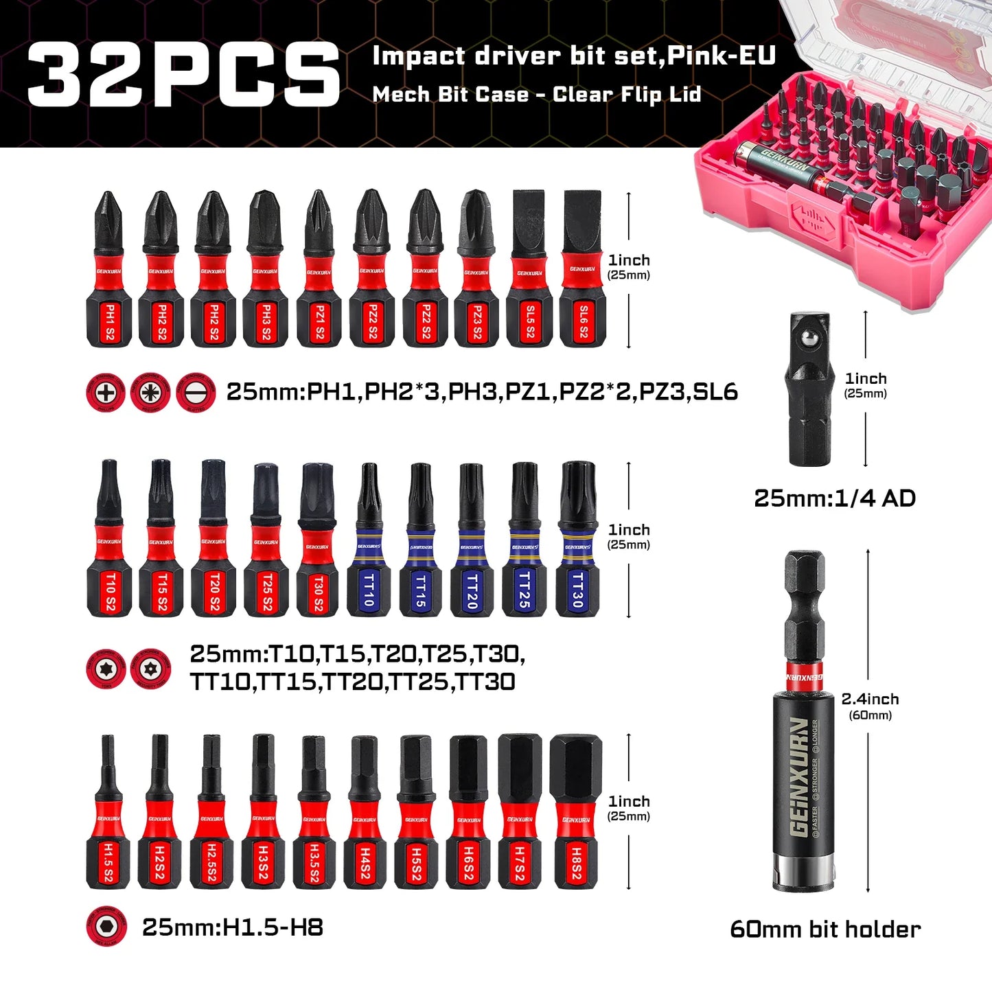 Impact Screwdriver Bits Set S2 Steel 32Piece With Magnetic Bit Holder And Case Fall 2025 DIY Gift