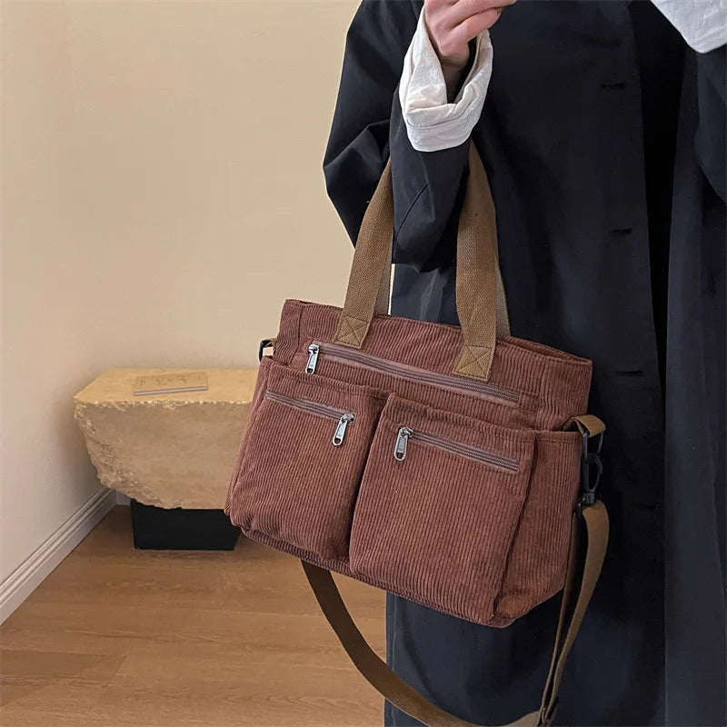 Relaxed women's corduroy messenger bag – multi-pocket, casual commuter tote, oversized