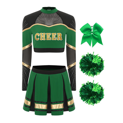 Cosplaykostuum voor cheerleaderoptredens voor vrouwen, crop-top met lange mouwen en geplooide rok met pompons 2026