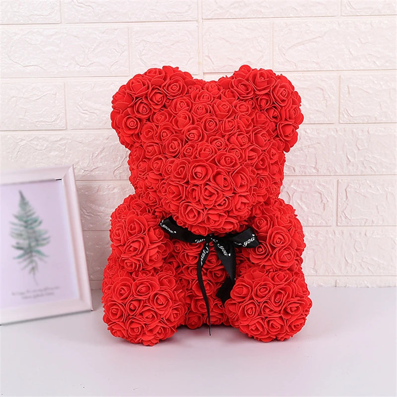 Faux Rose Teddy Bear with Gift Box and Lights - Romantic Anniversary or Valentine's Day Gift, Wedding Decor