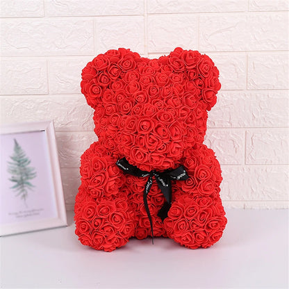 Faux-Rosen-Teddybär mit Geschenkbox und Lichtern - Romantisches Jubiläums- oder Valentinstagsgeschenk, Hochzeitsdekoration