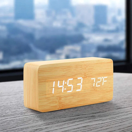 Digital Alarm Clock Wooden LED Table Clock with Temperature for Bedroom Office Decor