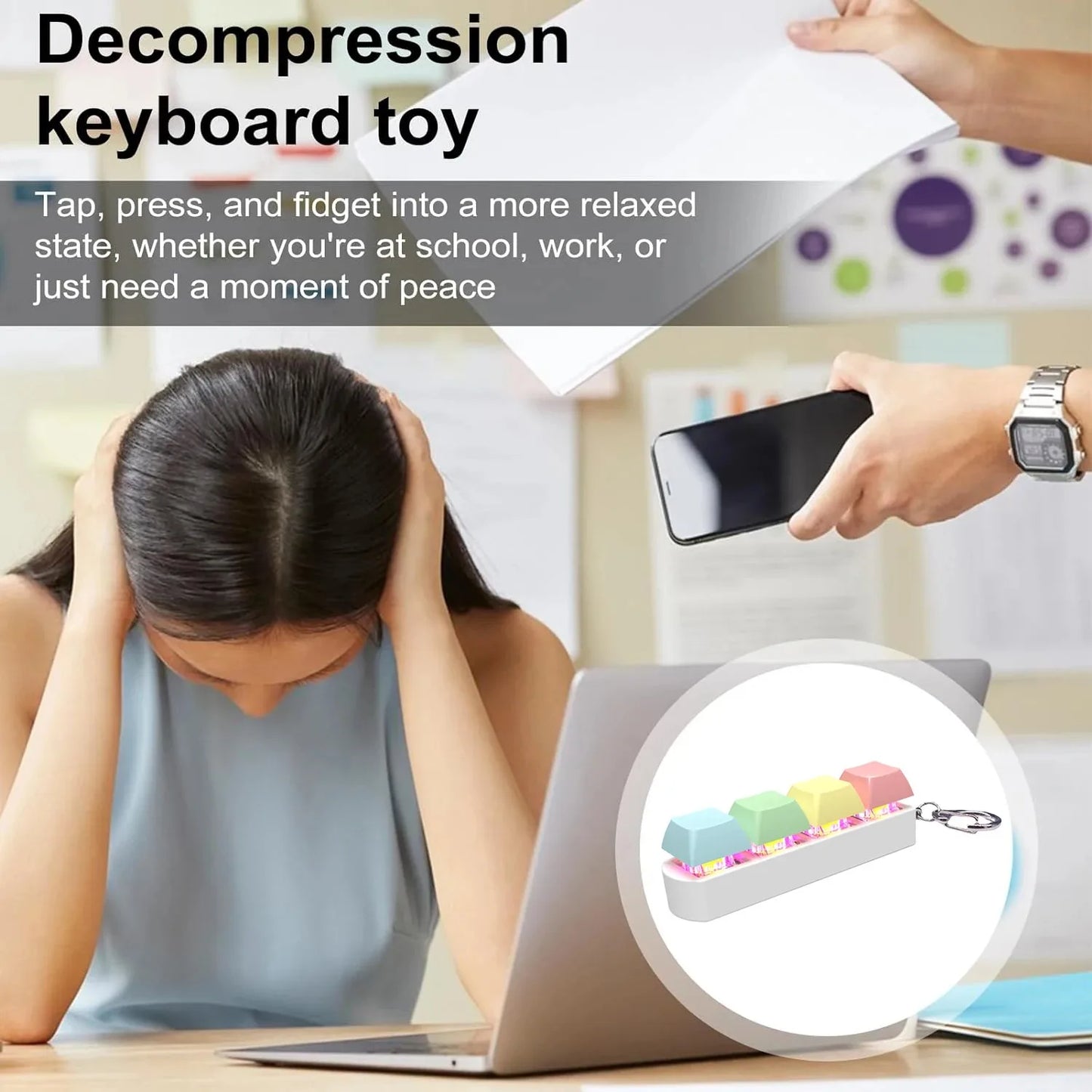 Keyboard Fidget Toy LED Keychain 4 In 1 Stress Relief