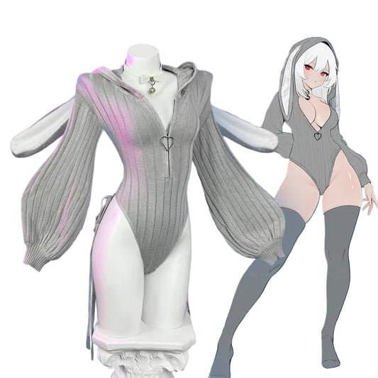 Body en maille doux pour femmes - Capuche avec oreilles de lapin, polyester