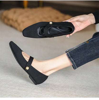 Stretchy Women Mary Jane Flats - Ribbed Knit For Spring