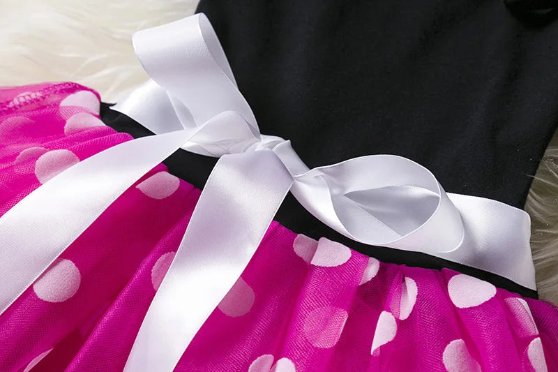 Leichtes Mädchenkleid mit Minnie-Maus-Motiv – knielanger Tupfen-Tutu, Baumwoll-Polyester-Voile, Geburtstagsfeier