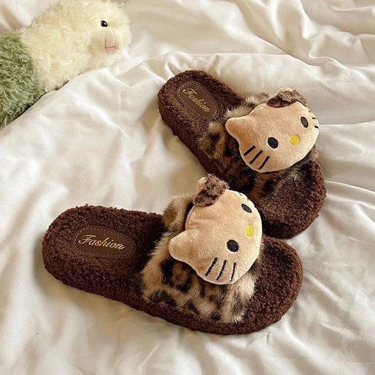 Bløde pigetøfler - hyggelig leopardmønstret plysfuskepels, polyester, til indendørs brug, gave