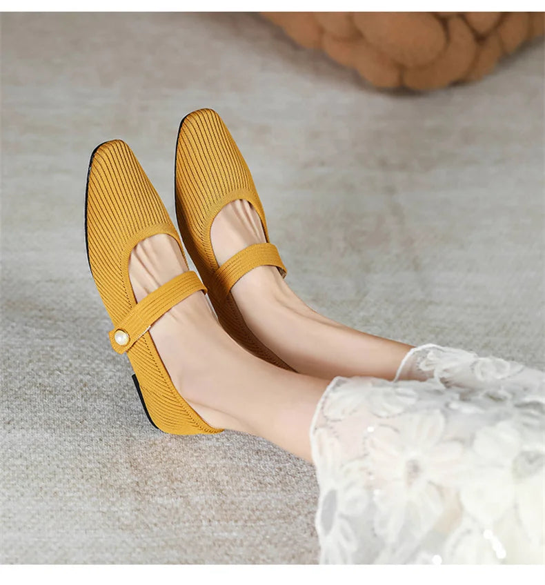 Stretchy Women Mary Jane Flats - Ribbed Knit For Spring
