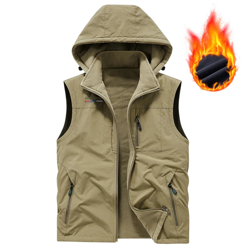 Warm Versatile Men Hooded Vest - Fleece Lined, Nylon, Outdoor