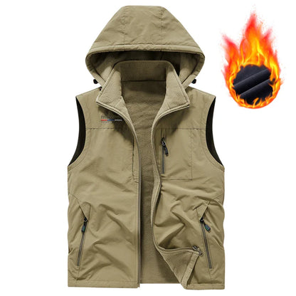 Warm Versatile Men Hooded Vest - Fleece Lined, Nylon, Outdoor