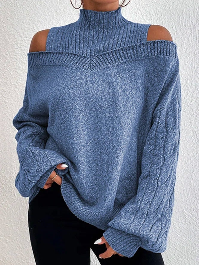 Blød Kvinde Off-Shoulder Rullekrave Sweater - Oversized Strik