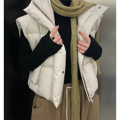 Warm Women Short Down Vest - Stand-Up Collar, Winter