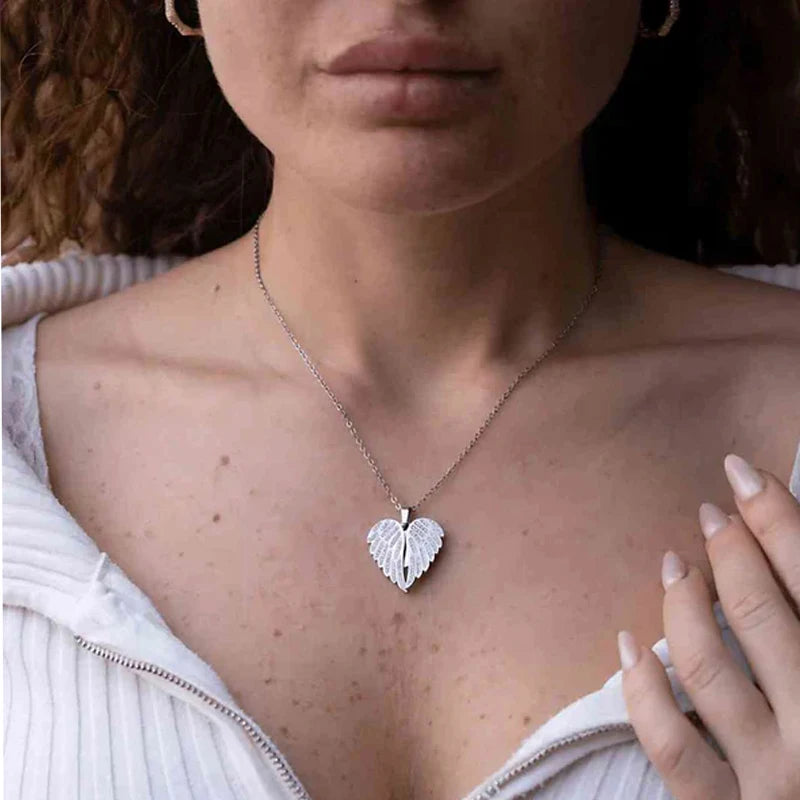 Classic couples' heart pendant necklace – angel wings, zircon stone, metal chain, gift idea