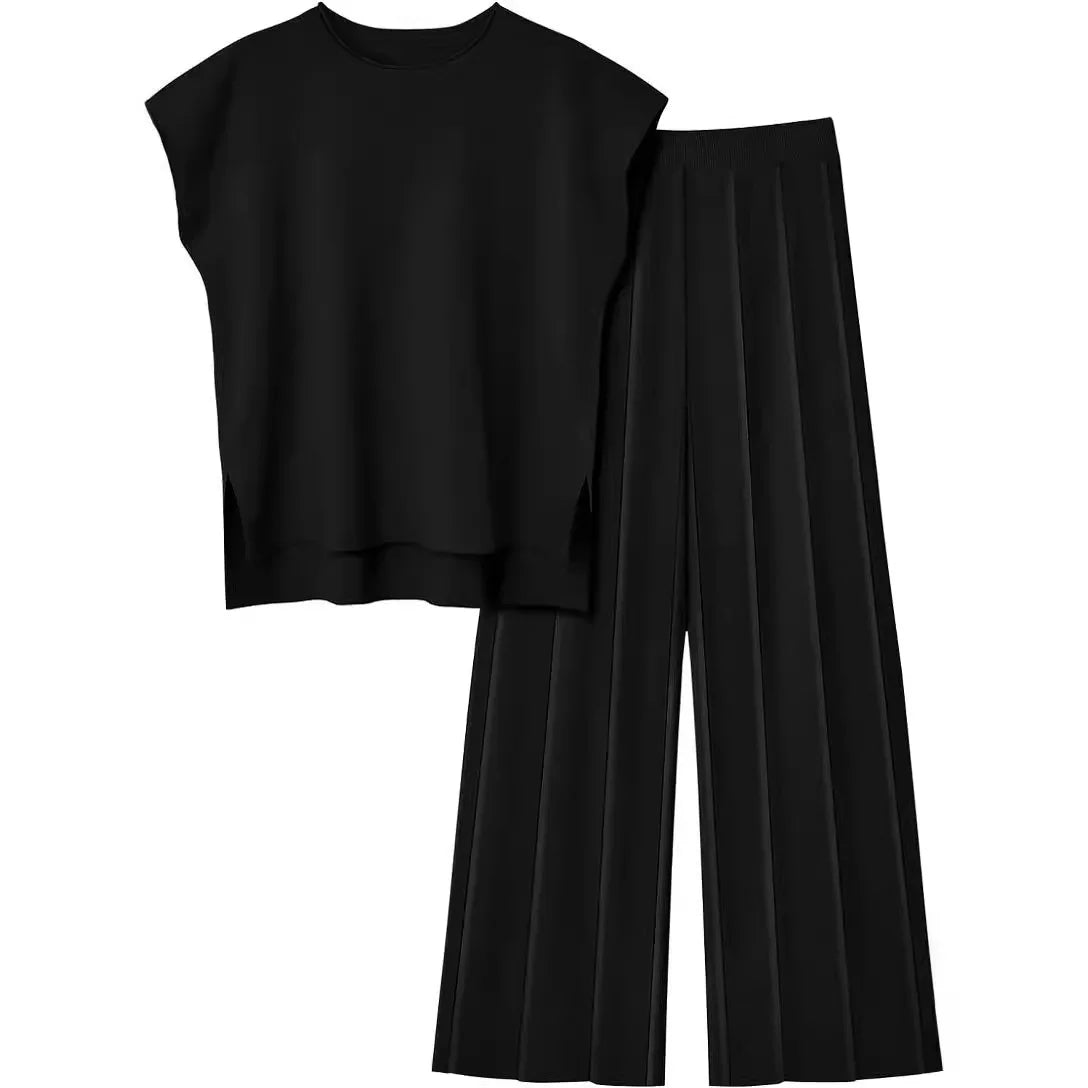 Soft Relaxed Women’s Two-Piece Pant Set – Sleeveless Round-Neck Knit Top, High-Waist Wide-Leg Trousers For Summer