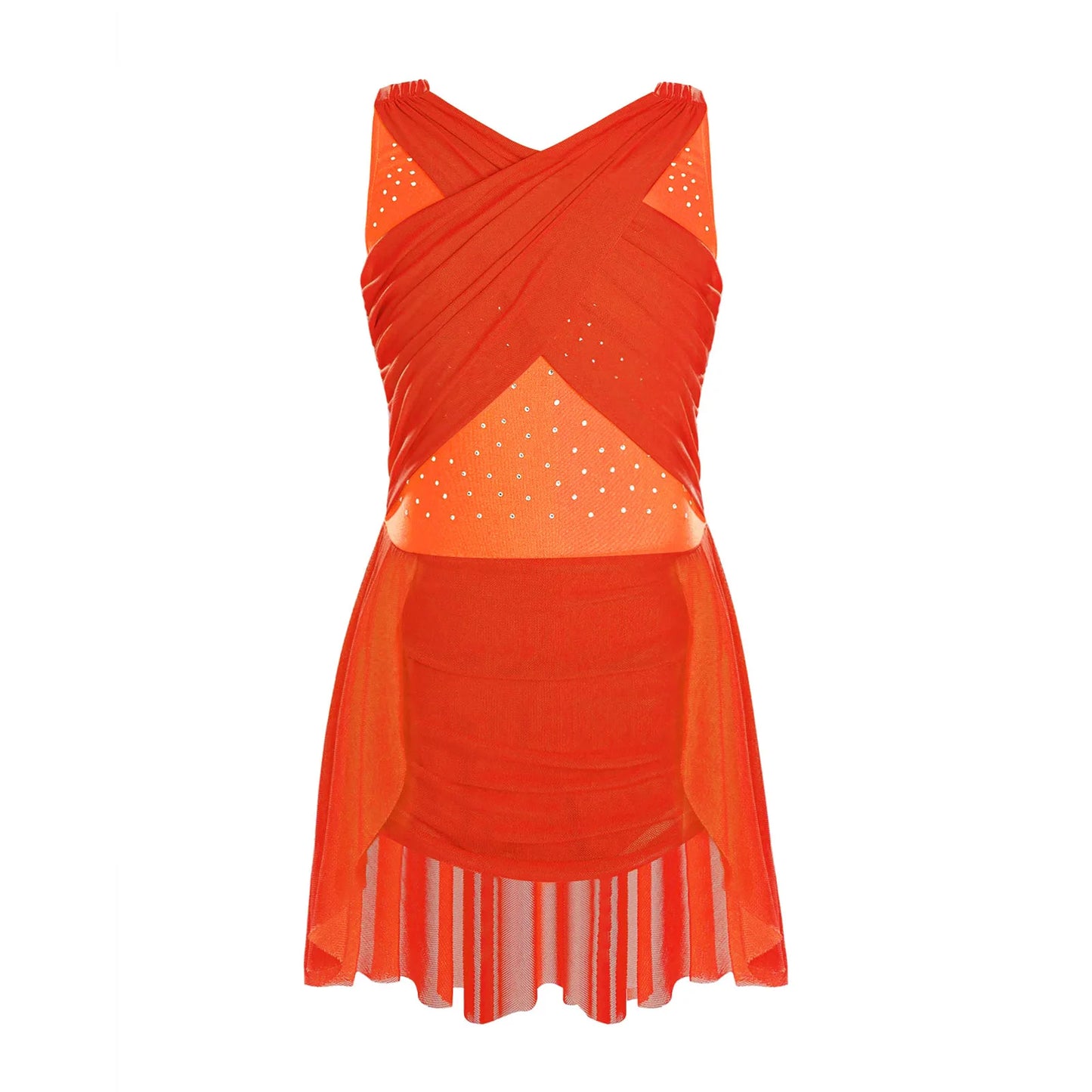 Lightweight Girls' Leotard - Rhinestone Embellished, Mesh Skirt, Polyester/Nylon/Elastane, For Ballet, Gymnastics