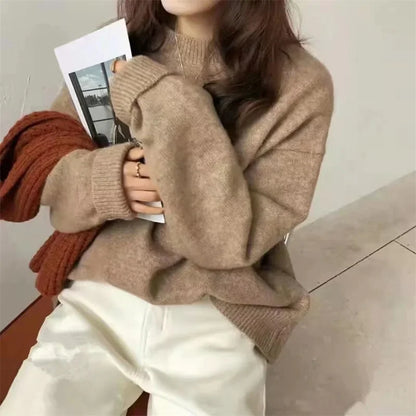 Cozy Oversized Women’s Pullover Sweater - Round Neck Knit