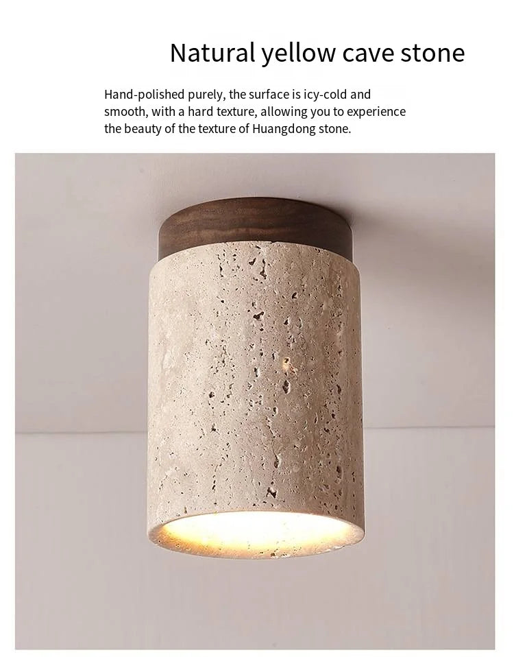 Japandi Travertine Ceiling Light Wood Cap Round Mid Century Lamp