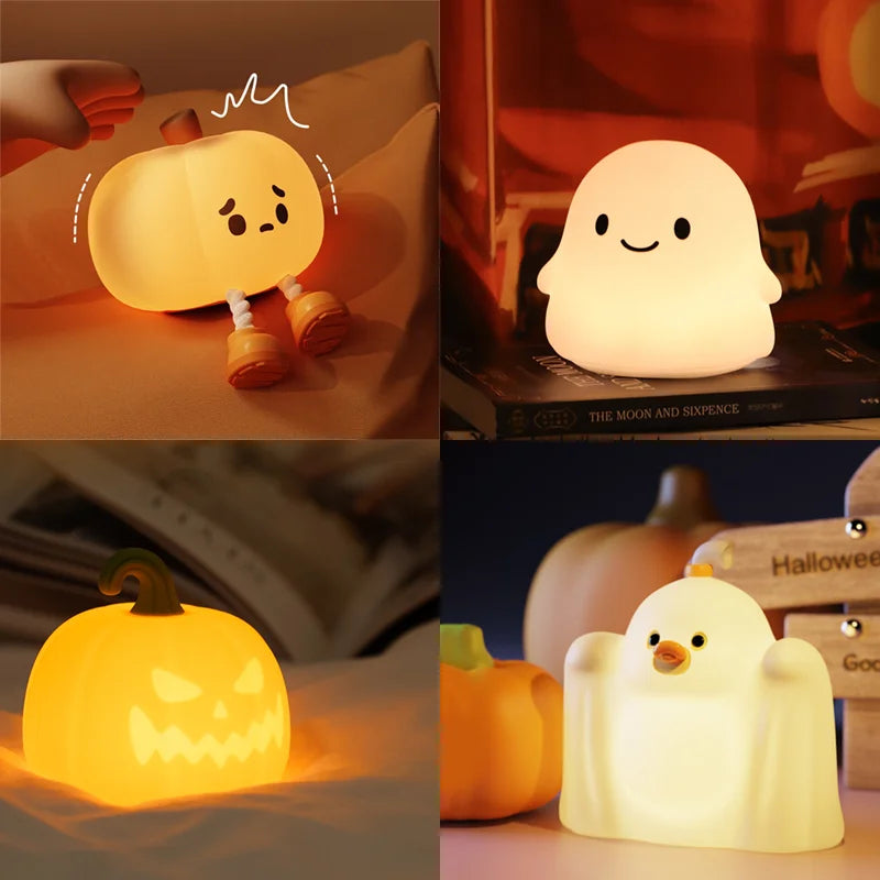 Lampada Notturna di Halloween in Silicone con Fantasma, Anatra e Zucca Carina Lampada Halloween 2025 per Cameretta Ricaricabile Regalo Sicuro per Bambini