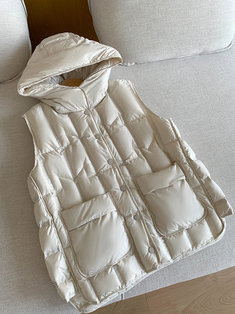 Lightweight Women Hooded Down Vest - Boxy, Down, Autumn