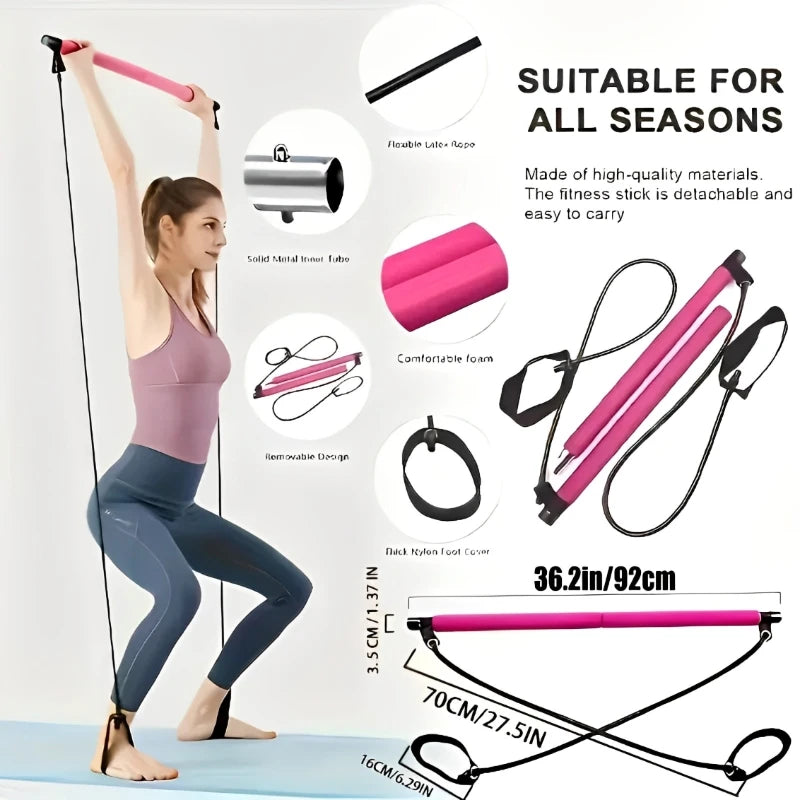 Portable Fitness Equipment Yoga Pilates Bar Stick with Resistance Bands for Home Workouts