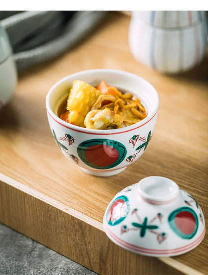Handmålade japanska keramiska dessertskålar med lock, set