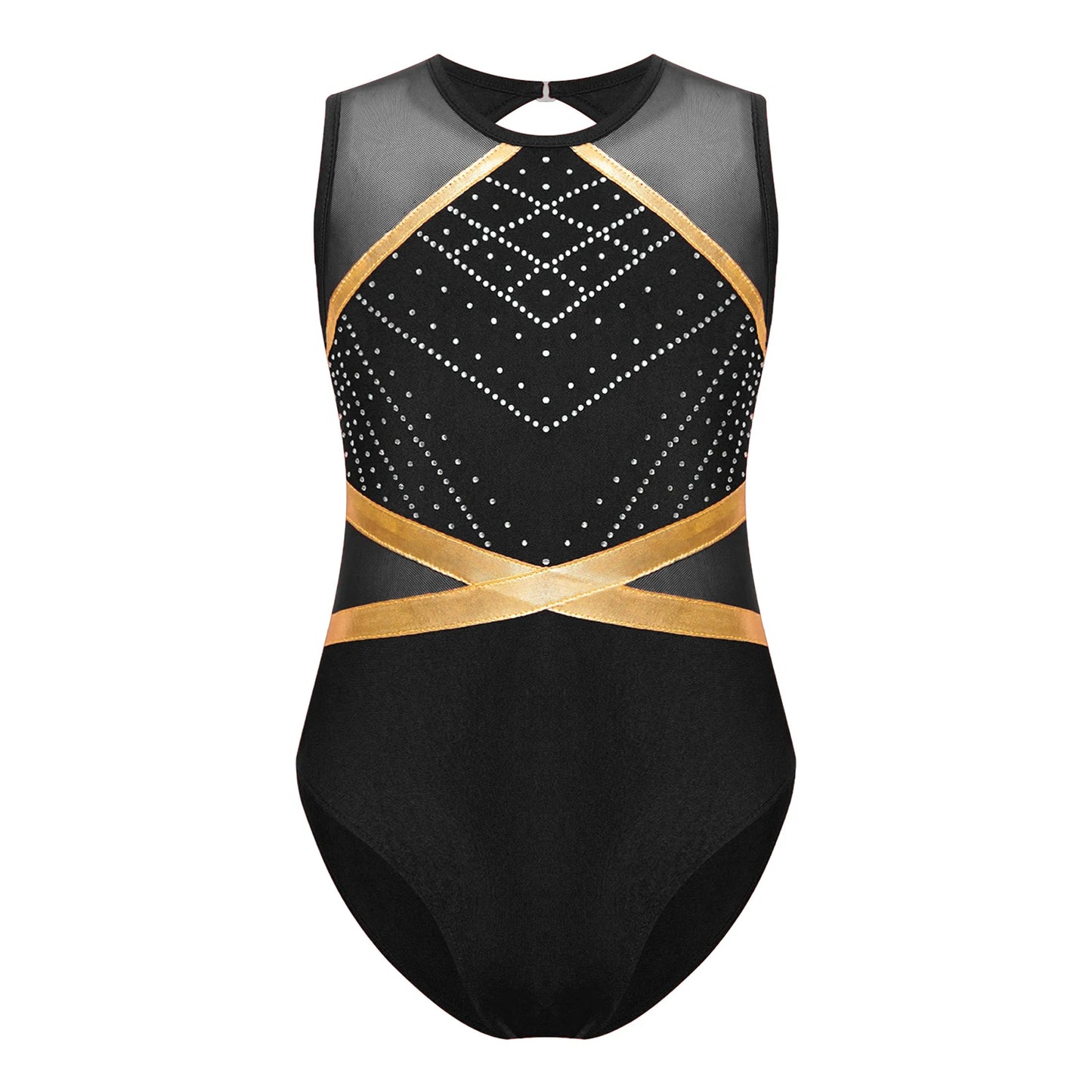 Strækbar pige dragt - flatterende, rhinsten-detaljeret, langærmet, mesh-panel, polyester elastan, til gymnastik