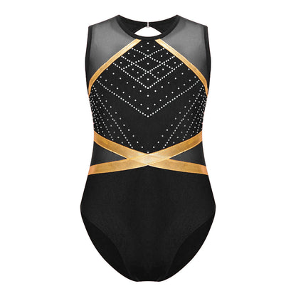 Strækbar pige dragt - flatterende, rhinsten-detaljeret, langærmet, mesh-panel, polyester elastan, til gymnastik
