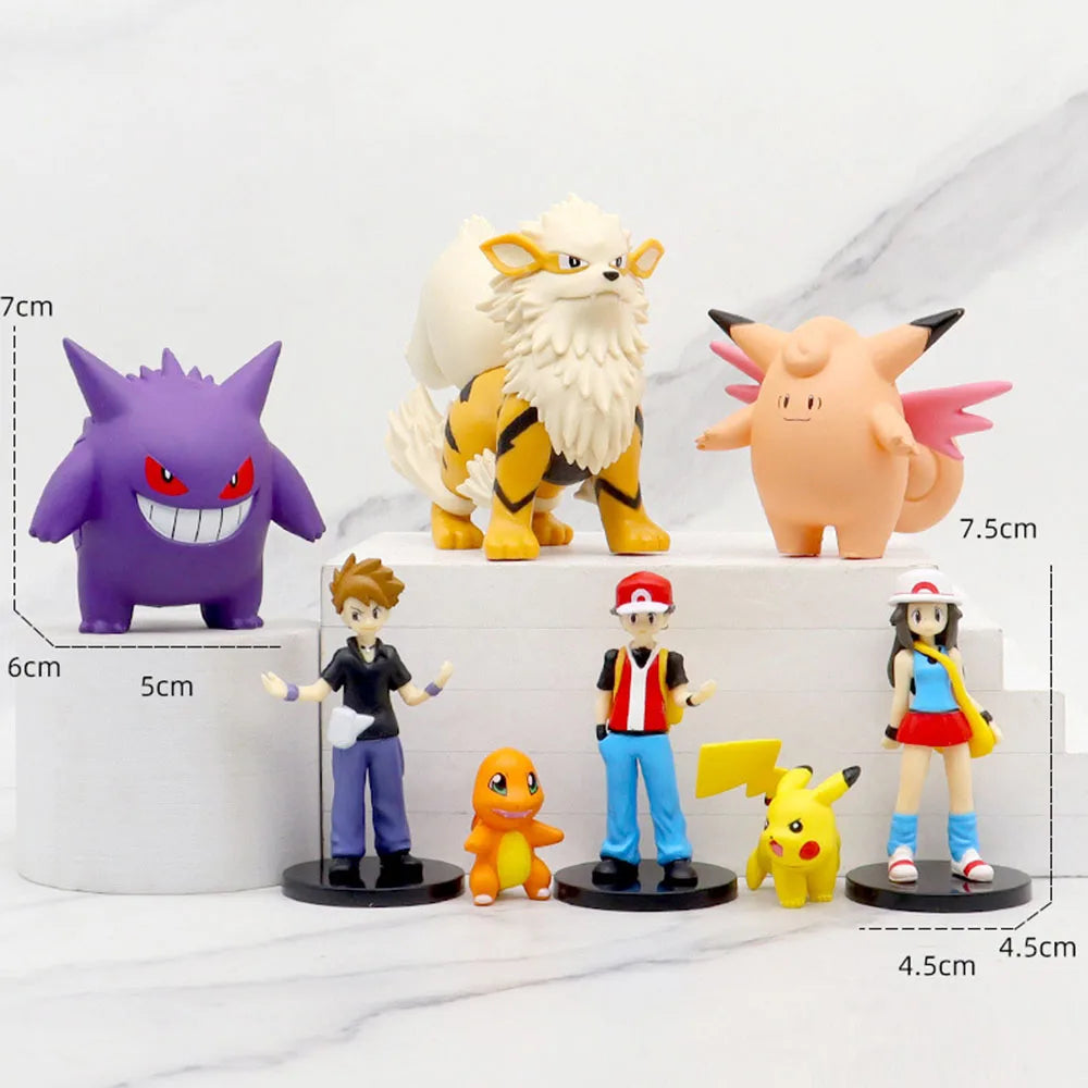 8Pcs Pokemon PVC Action Figures Set - Red, Pikachu, Charizard, Gengar - Collector's Toys & Gifts for Anime Fans   4-9cm (1.5-3.5 icnh)