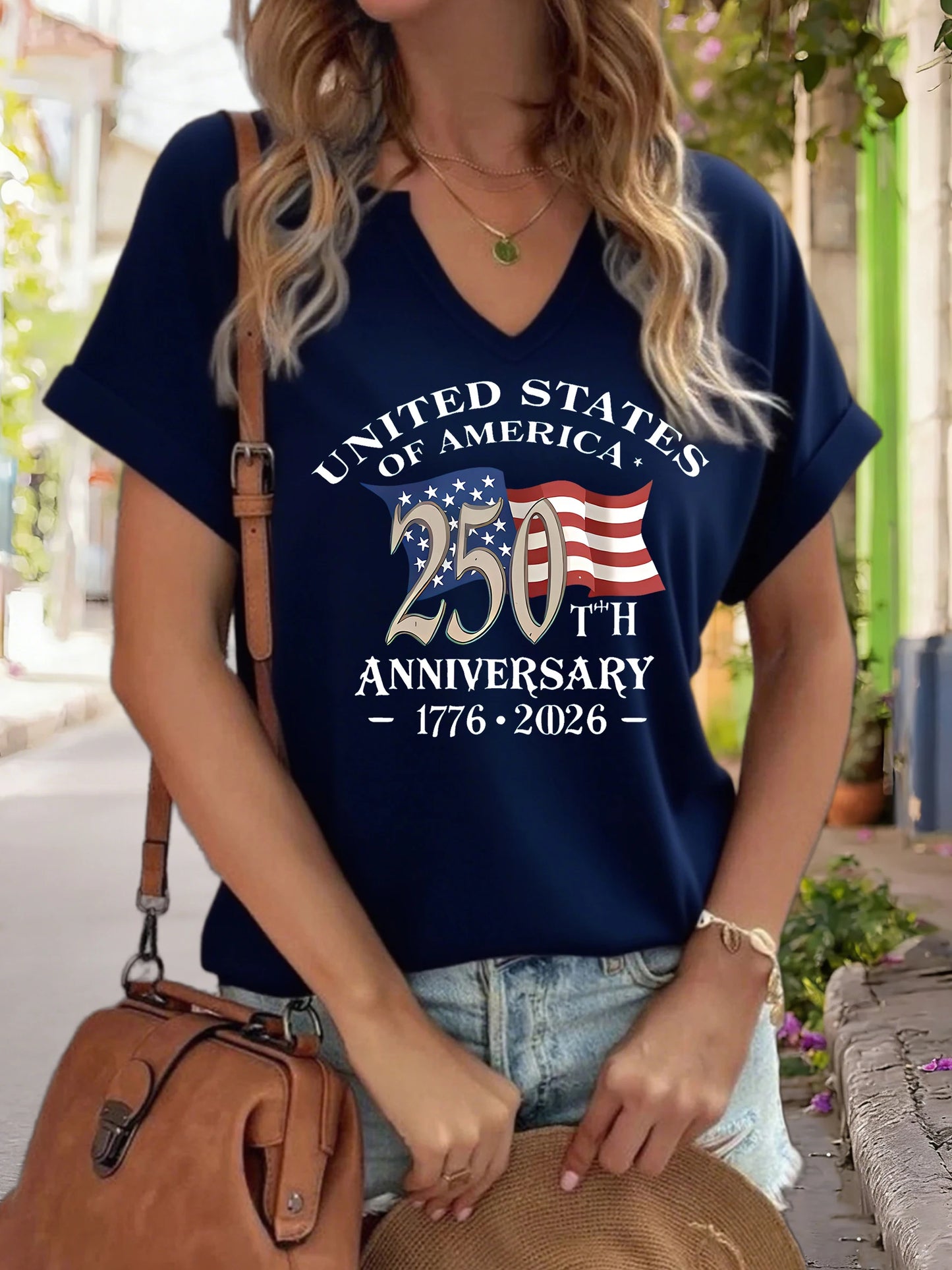 Soft women's graphic tee - V-neck, polyester-elastane blend, for USA 250th anniversary