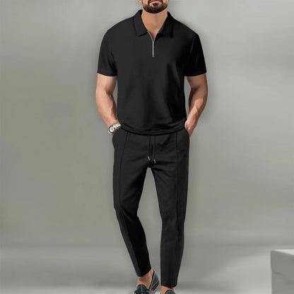 Men's Polo Shirts Set - Casual Chic Breathable Polo and Adjustable Pants Ensemble for Comfort and Style-3